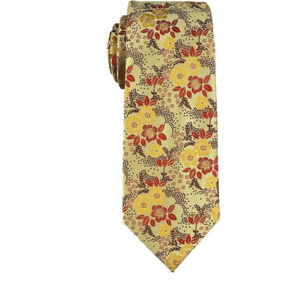 Men's Tie Cravat Jacquard Luxury Small Floral Pattern Wedding Yellow And Brown - Picture 5 of 5